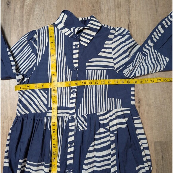 Zara Size S Maxi Shirt Dress Geometric Blue Collared Button Down Casual Chic - Picture 10 of 11
